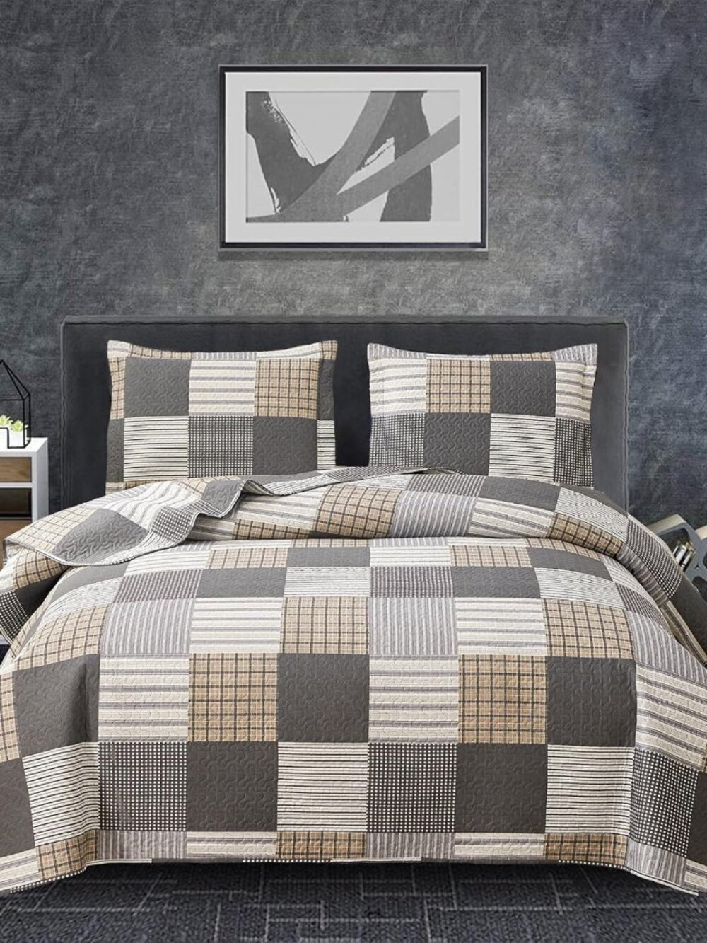 Plaid Quilt Set King Size Bedspread - Patchwork Bedding for Boys and Men - Brown